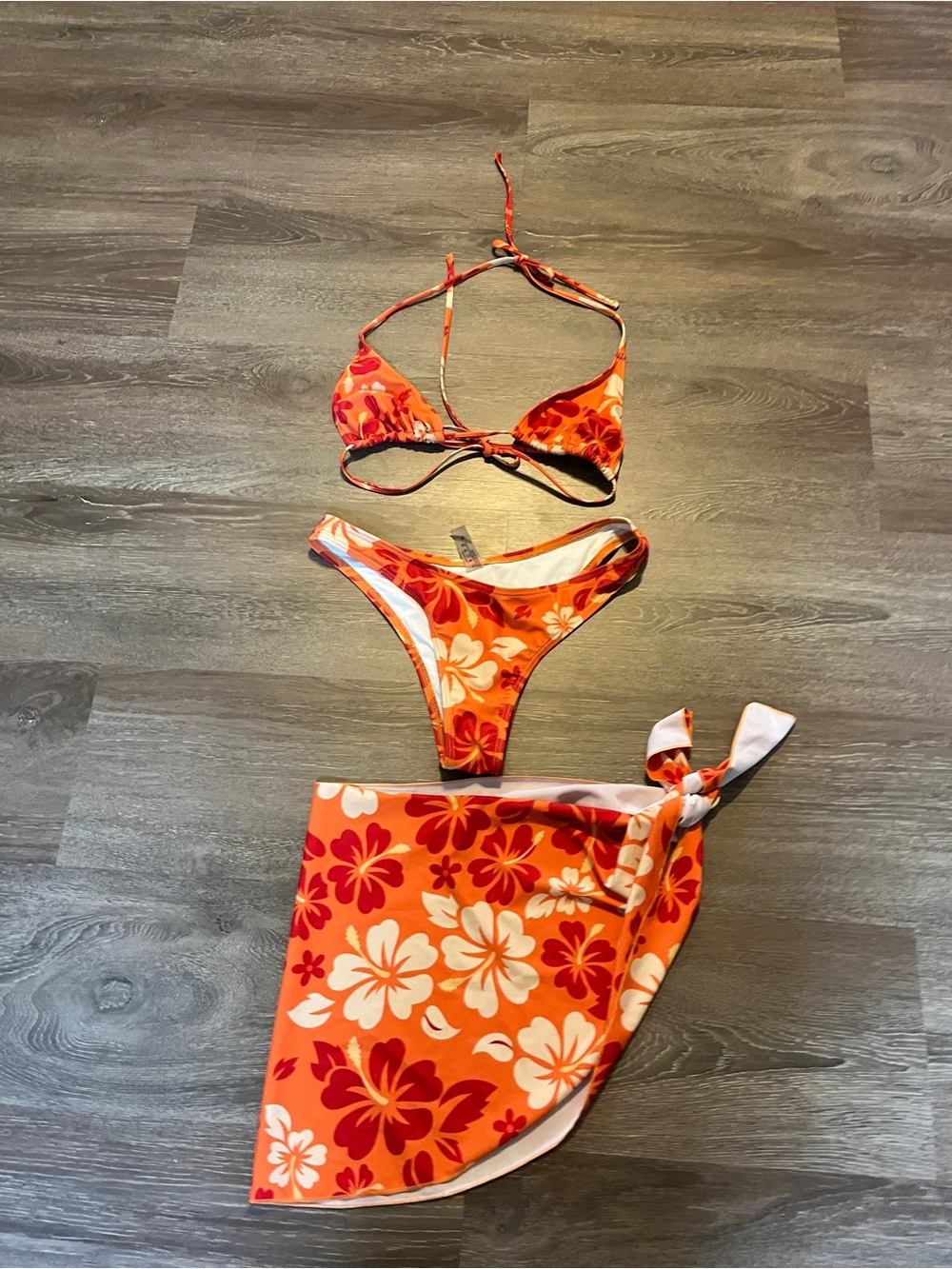 SHEIN Orange Floral Triangle Bikini Set with Sarong